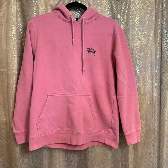 Stussy Basic Hoodie Pink Coral Black Sweatshirt Pullover Medium Flawed - Picture 1 of 10
